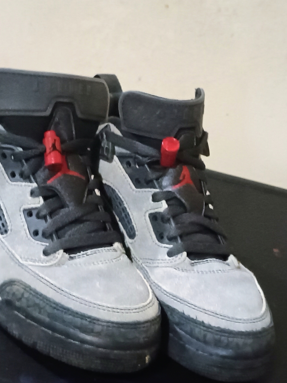 Jordan Men's Gray and Black High-Top Sneakers with Red Accents